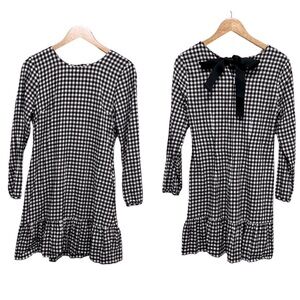 J Crew Gingham Flannel Ruffle Dress Bow Back Black White Buffalo Check Size XS
